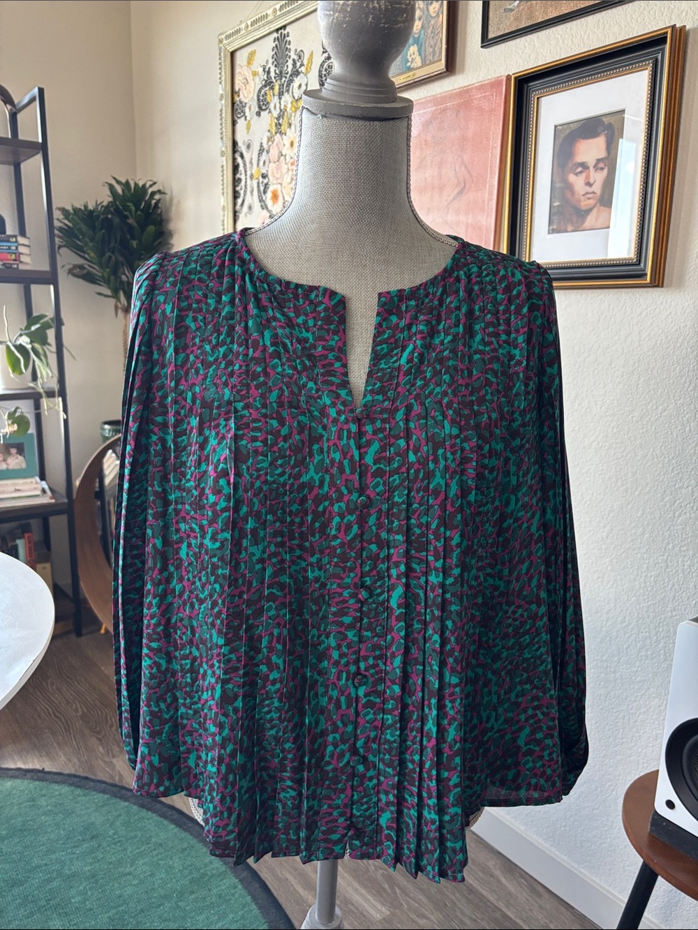 Nine West Green & Purple Printed Pleated Blouse